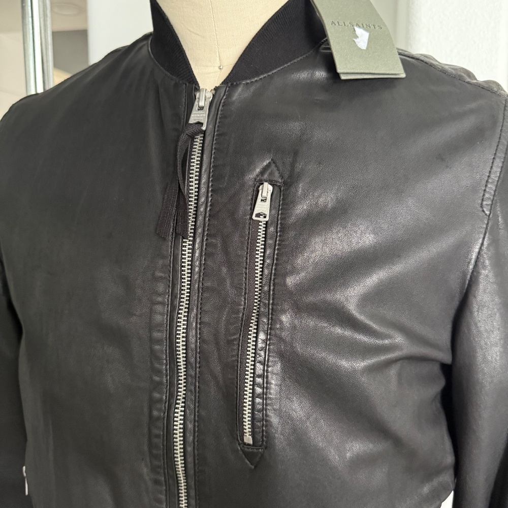 ALL SAINTS X- SMALL Mens Black Leather NINO Bomber Jacket - Picture 5 of 14